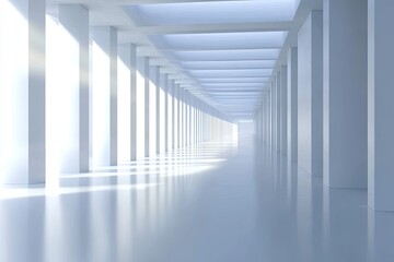 Fototapeta premium A long, white corridor with columns and a bright light at the end.