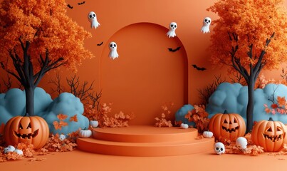 Orange Halloween scene with pumpkins and ghosts