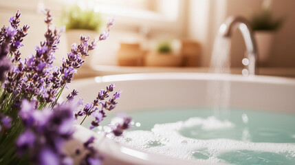 Steam rising from a hot lavender bath in a spa-like setting, with soft focus on the background, evoking relaxation and rejuvenation.