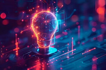 A glowing light bulb integrated into a futuristic digital circuit board, symbolizing innovation and technology. Perfect for tech-related projects, innovation concepts, and modern design.