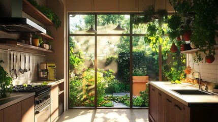 Kitchen with Large Glass Doors Opening to Lush Garden, Sunlight Illuminating the Space, Fresh Herbs Hanging and Counters Adorned with Vegetables