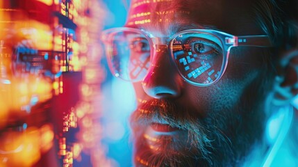 A bearded man wearing clear glasses closely examines a digital interface with bright orange and blue data reflections. Perfect for themes of technology, cybersecurity, and data analysis