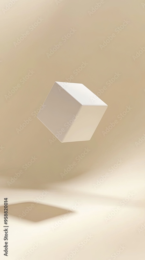 Sticker a floating white cube against a soft beige background, creating a minimalist and modern aesthetic fo