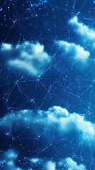 A serene digital landscape featuring clouds and interconnected lines against a blue background, evoking technology and nature.