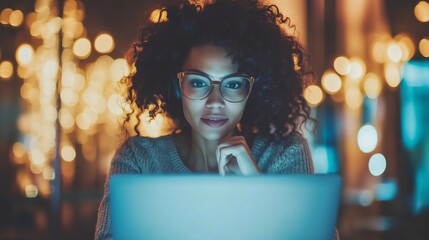 Young woman working on a laptop at night surrounded by fairy lights in a cozy, warmly lit room