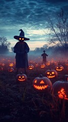 Pumpkin Patch at Dusk with Glowing Jack-o'-Lanterns and a Scarecrow Surrounded by Mist