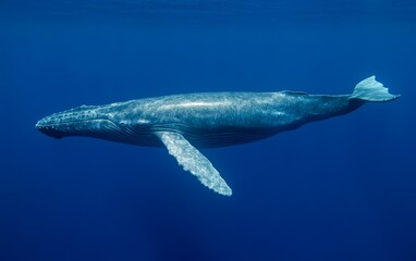 Naklejka premium A massive blue whale glides gracefully through deep blue ocean waters, its long streamlined body and distinctive features clearly visible in the crystal-clear sea