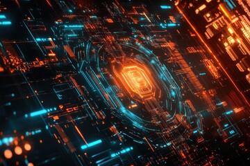 Futuristic digital technology pattern with glowing elements in blue and orange, ideal for cybersecurity or tech-themed designs.