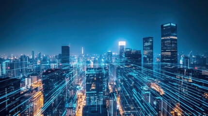 Aerial view of a futuristic city skyline illuminated at night with glowing digital connections and vibrant city lights