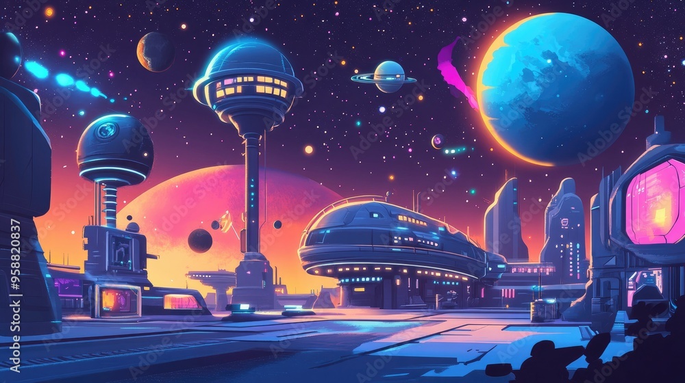 Fototapete a dynamic cartoon art background showcasing a futuristic space station with planets, spaceships, and
