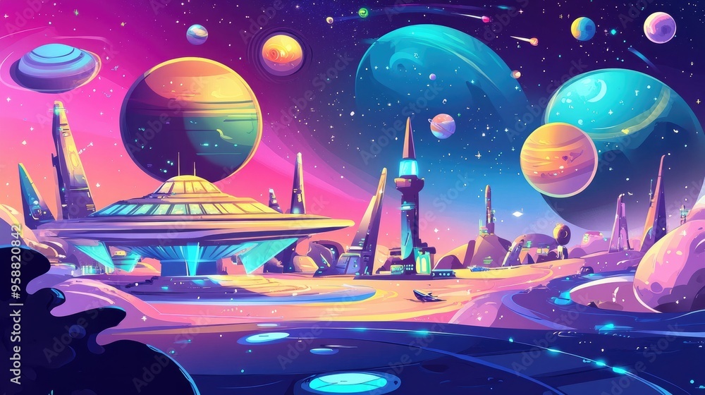 Fototapete a dynamic cartoon art background showcasing a futuristic space station with planets, spaceships, and