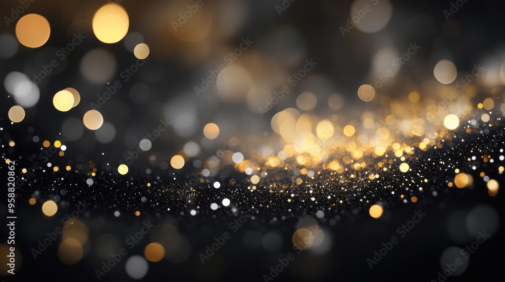 Poster elegant sparkling background with golden and silver bokeh effects illuminated against a dark surface