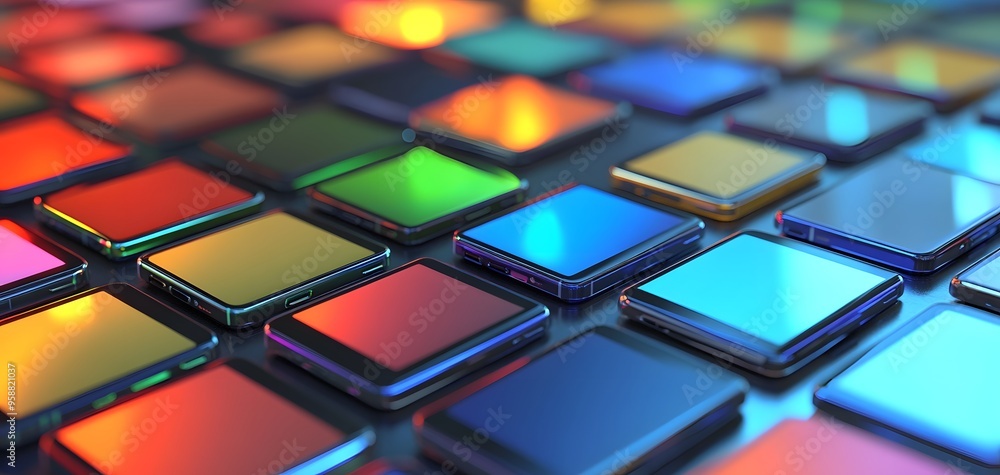 Poster A vibrant array of glossy tiles reflecting light, showcasing a blend of colorful patterns and surfaces for artistic use.