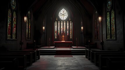 A serene interior of a gothic church with stained glass windows illuminating the altar.