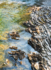 clean river flows over stones