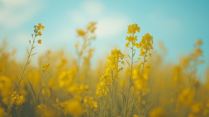 Obraz premium yellow mustard flower blossom field with blue sky