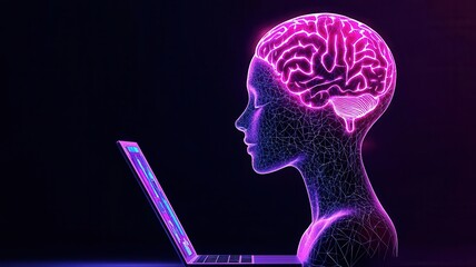 A digital assistant avatar teaching a virtual class about mental health, with floating holographic visuals, futuristic, vibrant lighting