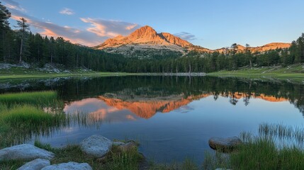 Obraz premium Mountain Reflection in Tranquil Lake at Sunset