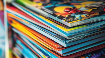 A stack of vibrant children's comic books with colorful covers, featuring superheroes and fun adventures, perfect for young readers.