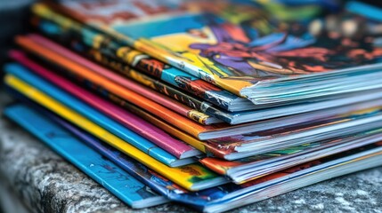 A stack of vibrant children's comic books with colorful covers, featuring superheroes and fun adventures, perfect for young readers.