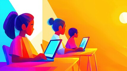 A classroom filled with students using tablets showing animated health tutorials, futuristic, warm lighting, vibrant and dynamic composition