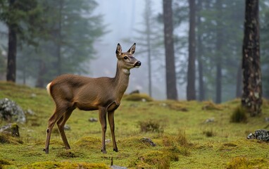 Fototapeta premium A watchful deer stands in a lush green forest clearing, surrounded by misty pine trees, creating a serene and mystical woodland scene