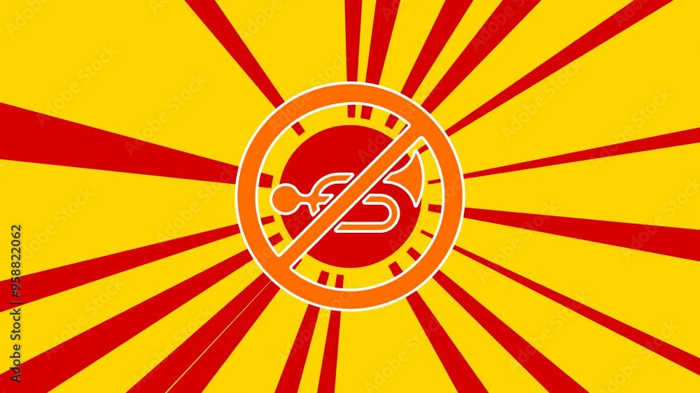 Poster horning prohibited sign on the background of animation from moving rays of the sun. large orange sym