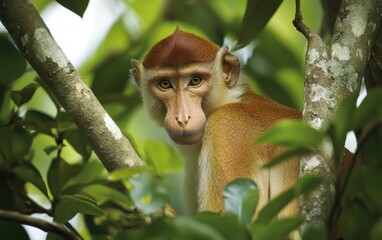 Fototapeta premium A curious brown monkey with expressive eyes peers through lush green foliage in a tropical forest, showcasing the beauty of wildlife in its natural habitat