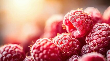 Fresh raspberries glistening in sunlight, showcasing rich color and texture in a natural setting on...