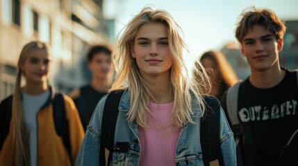 Fototapeta premium A group of young people with blonde hair, dressed in trendy streetwear, enjoying a city outing.