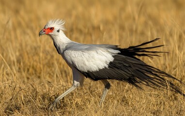 Fototapeta premium A striking secretary bird with distinctive crest feathers stands alert in a sun-drenched savanna, its regal posture and piercing gaze embodying wild beauty