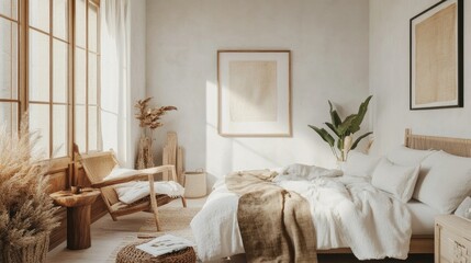 Scandinavian-inspired apartment interior with white walls, wooden furniture, and cozy textiles, creating a warm and inviting atmosphere.
