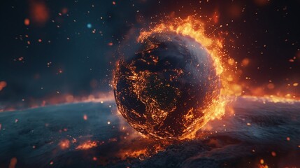 Earth burning and engulfed in flames, signifying a worldwide calamity and a shift in climate