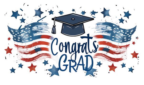 Patriotic graduation celebration design featuring a graduation cap, American flags, and stars with the text 'Congrats Grad,' symbolizing achievement and pride