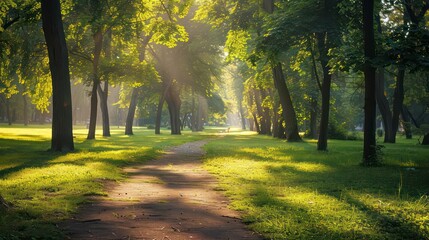 A sunlit path winds through a dense forest with green grass and trees on either side.