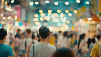 Fototapeta premium Crowd exploring a vibrant marketplace filled with colorful lights and diverse activity during the evening hours in summer