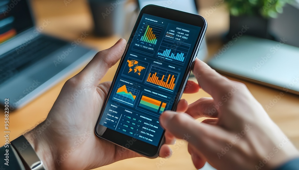 Poster person analyzing financial data on smartphone with charts and graphs