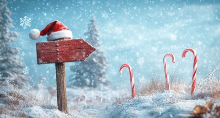 Santa's Red Signpost in Snowy Christmas Wonderland