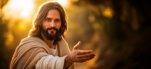 A warm and serene image of Jesus extending his hand, inviting with a peaceful expression, set against a golden sunset background, evoking a sense of compassion and guidance