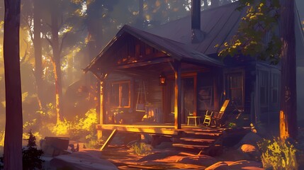 Charming wooden cabin in a serene forest at sunset.