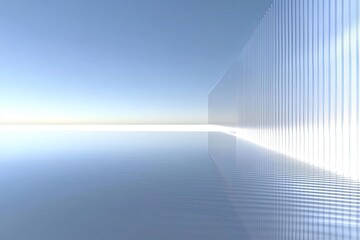 Abstract minimal 3D rendering of a glass wall with a reflection in a blue watery surface and a soft blue sky in the background.