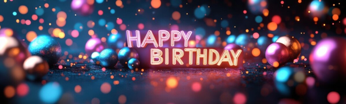 Brightly colored balloons are scattered around a happy birthday sign, banner, copy space
