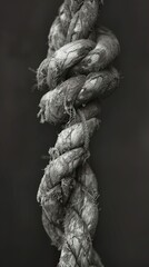 Close-up of a thick, worn rope with a knot, showing detail and texture.
