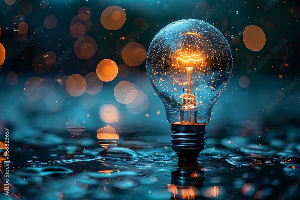 Poster a glowing lightbulb standing on a wet surface with reflections and warm, soft bokeh lights in the ba