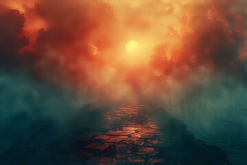 Fototapeta premium A surreal pathway illuminated by a glowing sunset, surrounded by dense clouds and mist, creating a dreamlike atmosphere. Perfect for fantasy themes, conceptual art, or abstract projects.