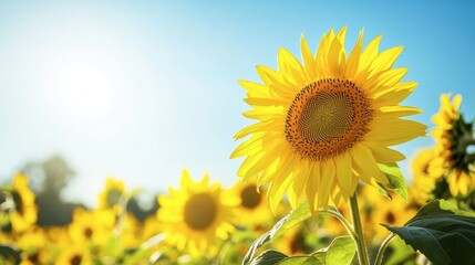Obraz premium A beautiful landscape of a sunflower field in full bloom, with bright yellow flowers facing a clear blue sky.