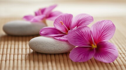 Relaxing pink flowers placed on smooth stones atop a bamboo mat creates a tranquil atmosphere in a wellness setting