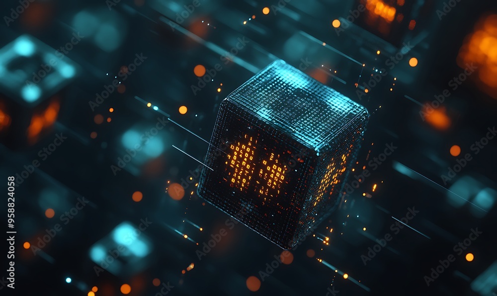 Poster glowing cube with digital data and orange lines