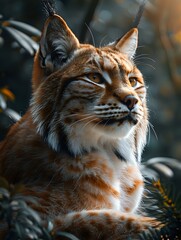Obraz premium A majestic lynx captured in its natural habitat, surrounded by dense foliage, gazing into the distance. Ideal for wildlife photography, nature projects, and conservation campaigns.