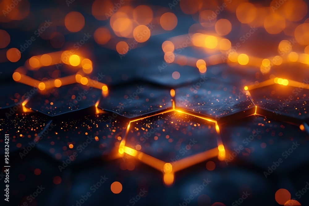 Poster a glowing hexagonal grid illuminated with orange and blue lights, representing futuristic technology
